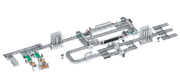 Automatinė gamybos linija (pjovimas, kantavimas, gręžimas-frezavimas, pakavimas)